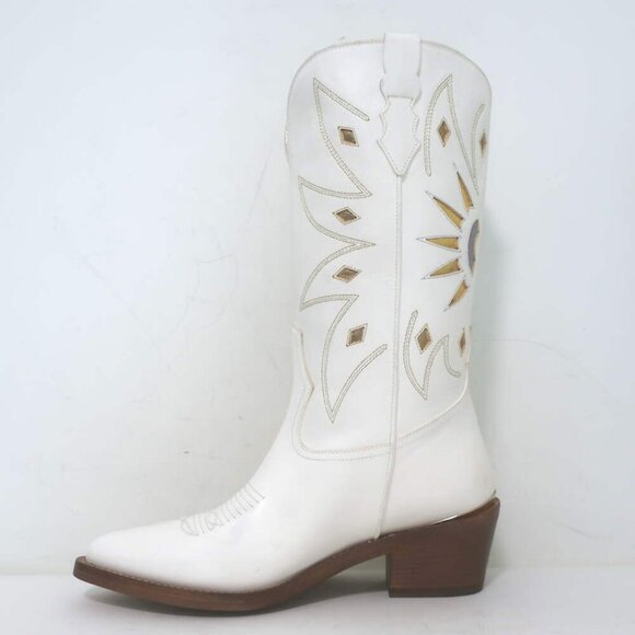 Partlow Abigail 55 Metallic-Embroidered Cowboy Boots White Leather Size 39 - Picture 11 of 16